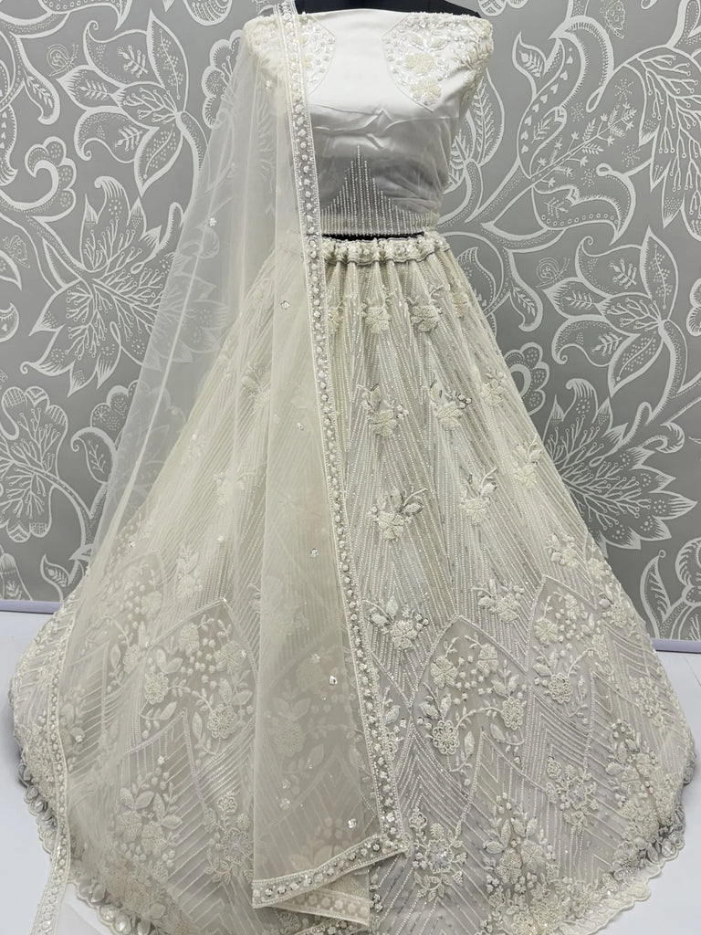 Classic White Sequins Net Evening Wear Lehenga Choli With Dupatta