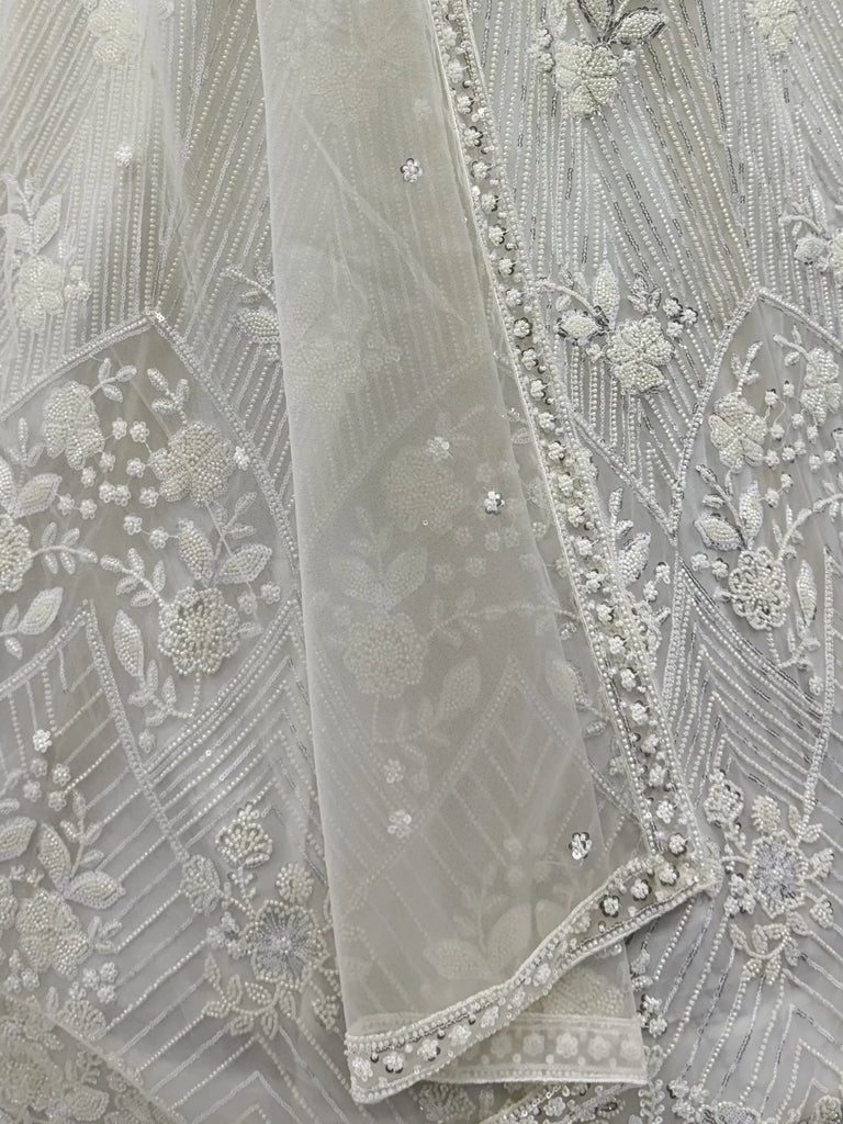 Classic White Sequins Net Evening Wear Lehenga Choli With Dupatta