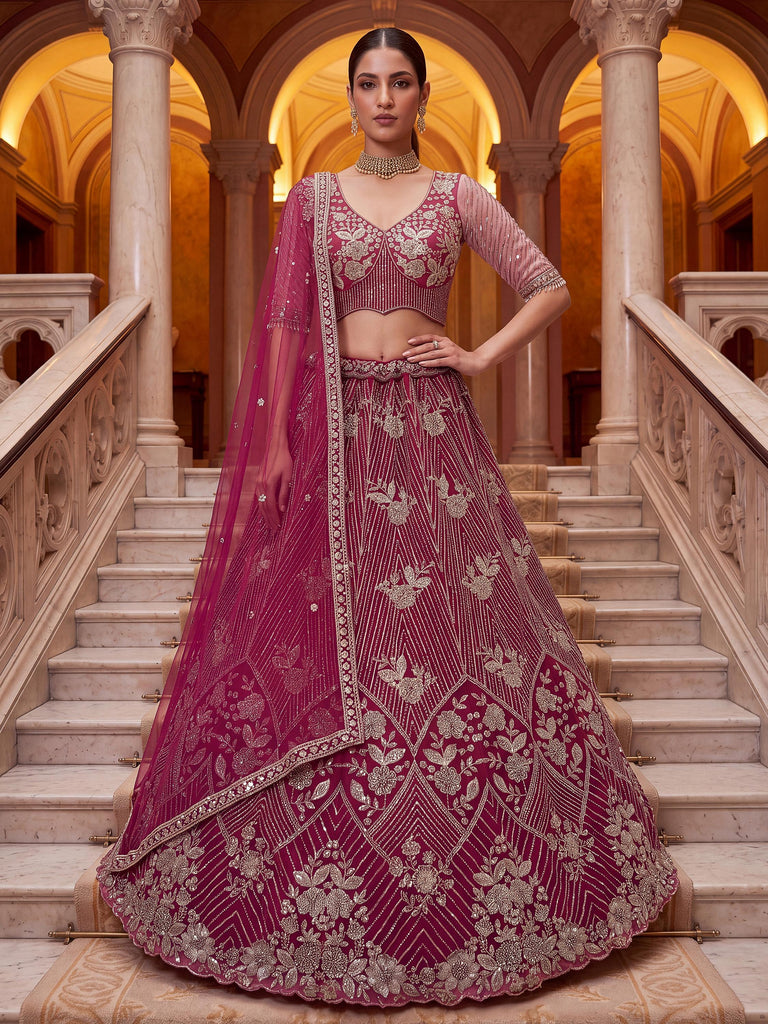 Captivating Rani Pink Thread Work Net Engagement Wear Lehenga Choli