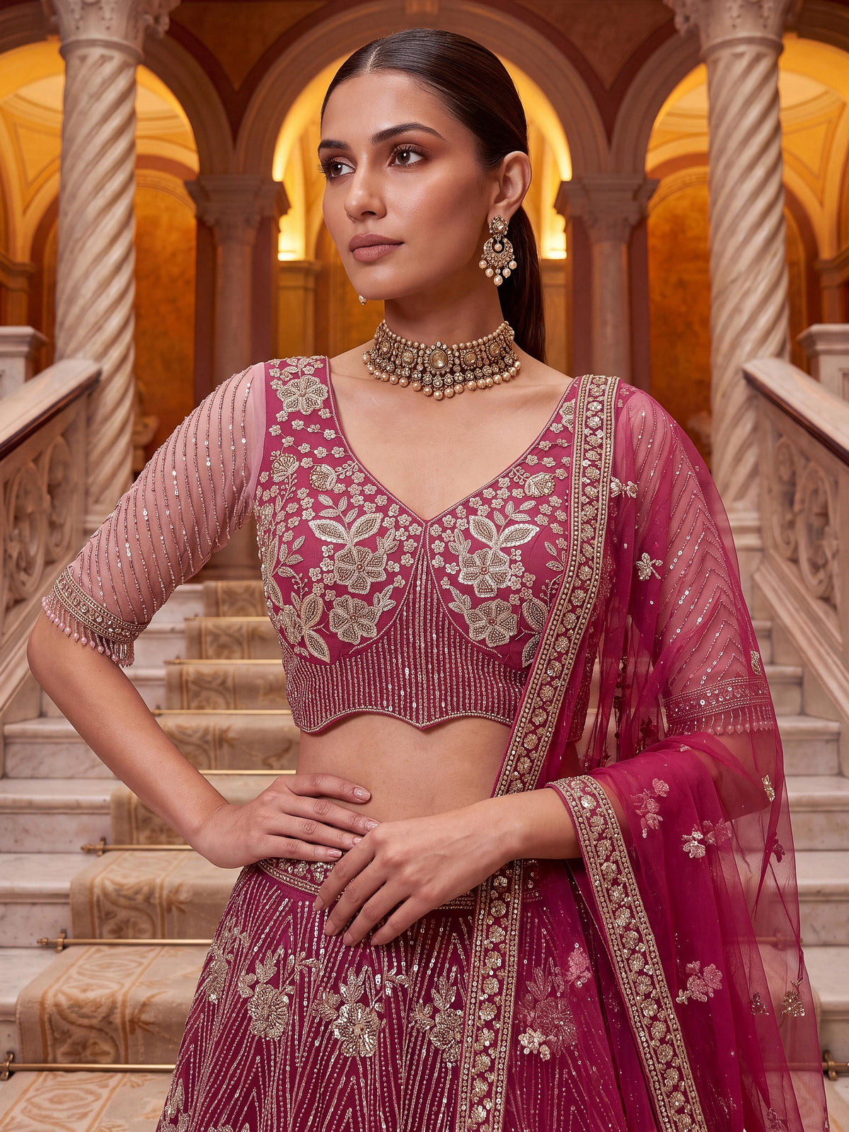 Captivating Rani Pink Thread Work Net Engagement Wear Lehenga Choli