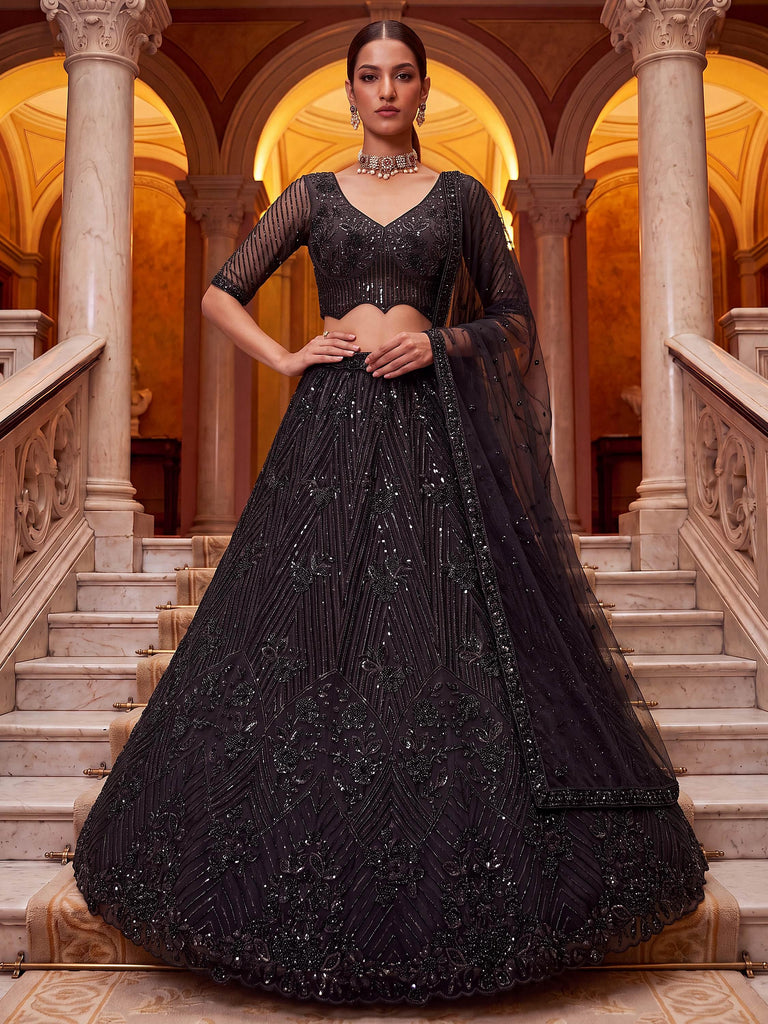 Sparkling Black Embroidered Net Party Wear Lehenga Choli With Dupatta
