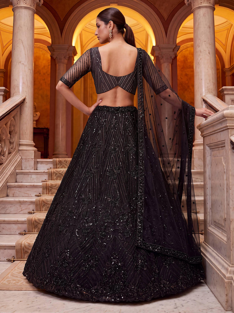 Sparkling Black Embroidered Net Party Wear Lehenga Choli With Dupatta