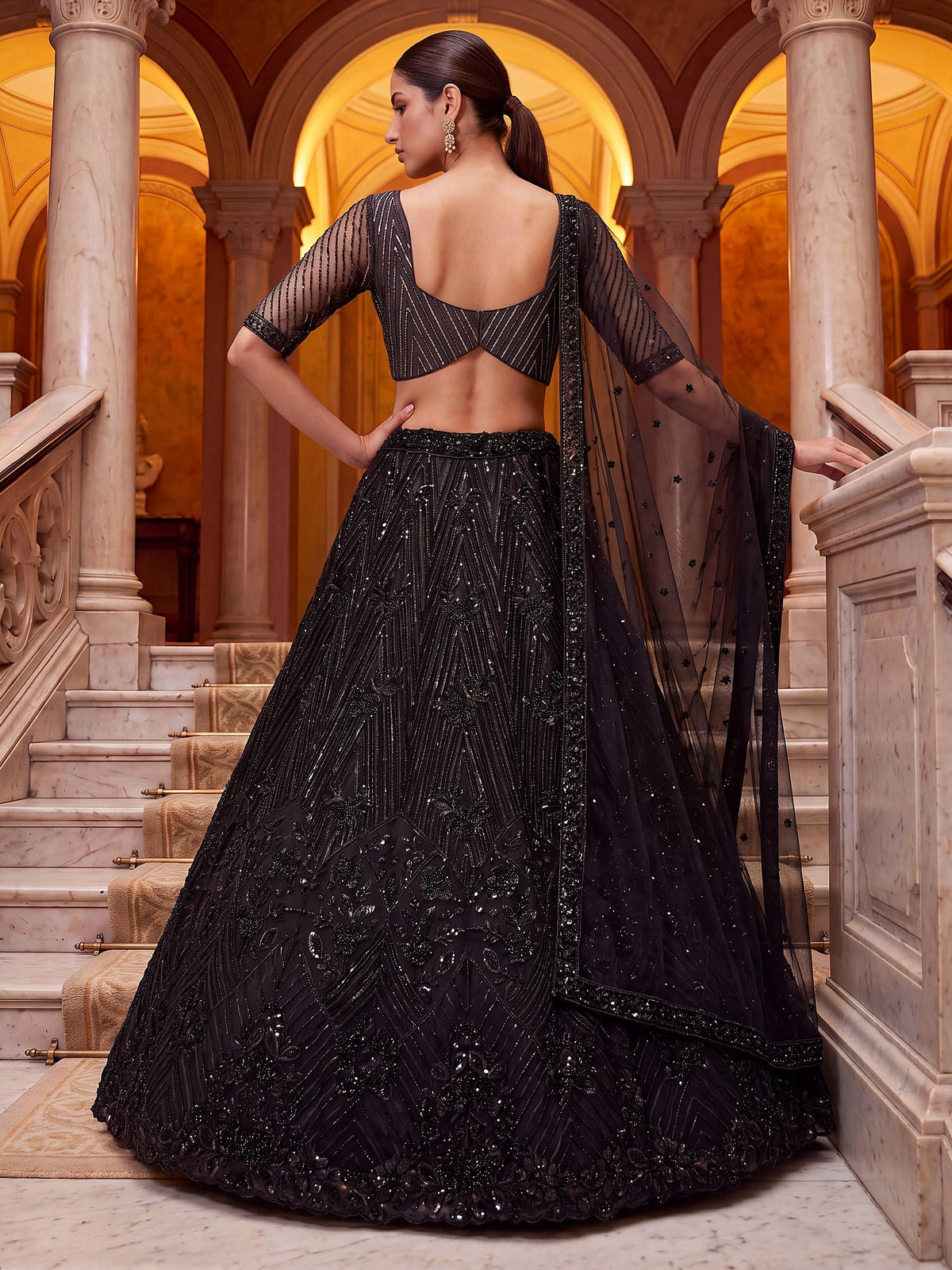 Sparkling Black Embroidered Net Party Wear Lehenga Choli With Dupatta