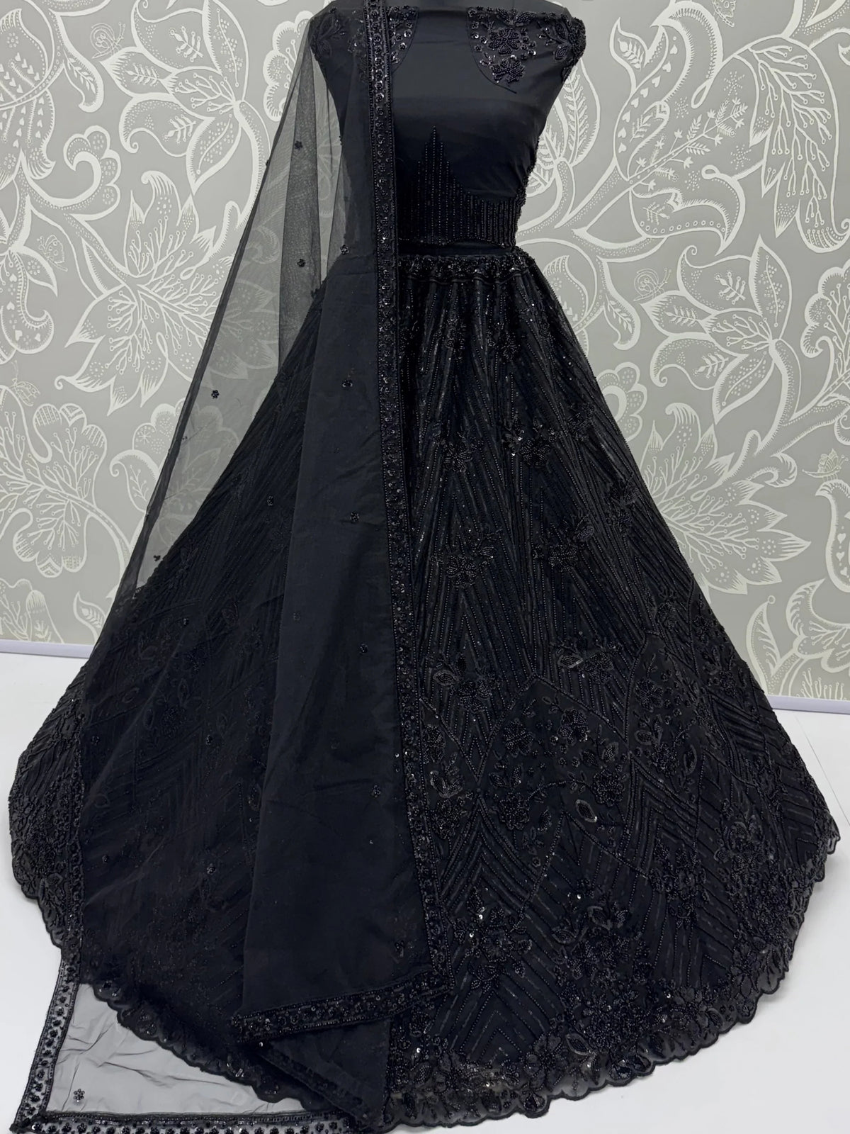 Sparkling Black Embroidered Net Party Wear Lehenga Choli With Dupatta