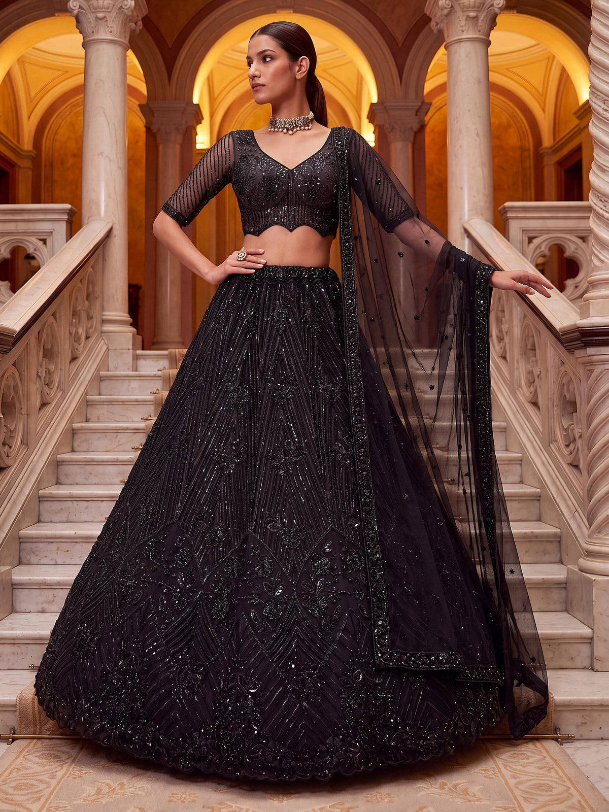 Sparkling Black Embroidered Net Party Wear Lehenga Choli With Dupatta