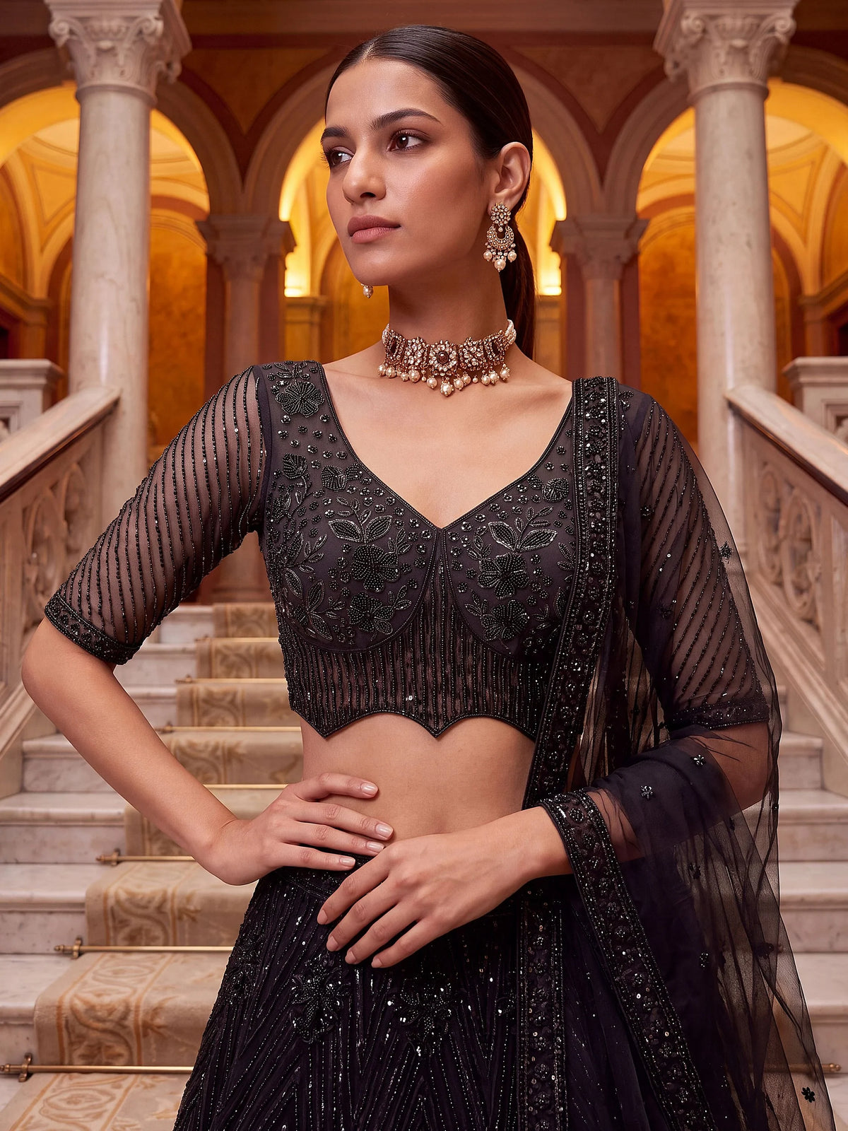 Sparkling Black Embroidered Net Party Wear Lehenga Choli With Dupatta