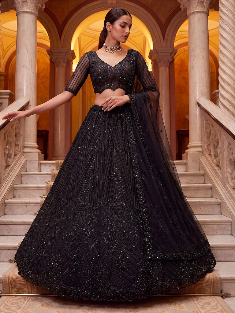Sparkling Black Embroidered Net Party Wear Lehenga Choli With Dupatta