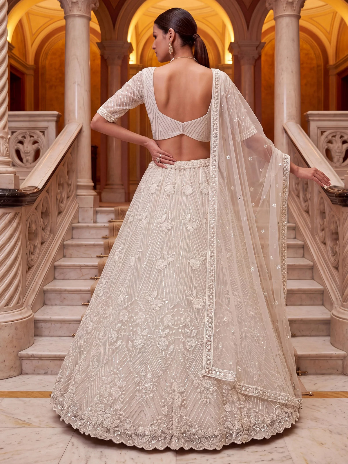 Classic White Sequins Net Evening Wear Lehenga Choli With Dupatta