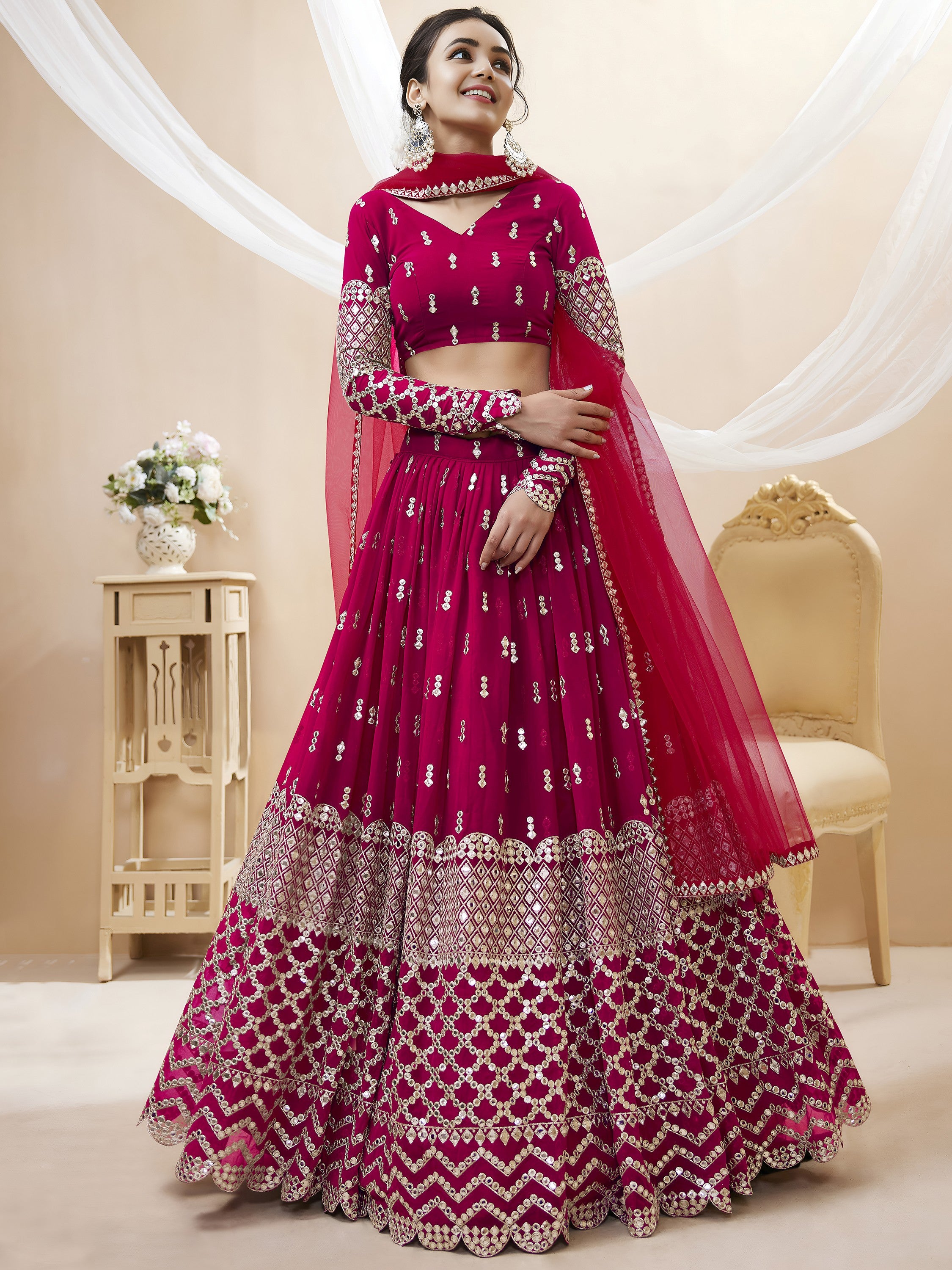 Classic Pink Embroidered Georgette Bridesmaid Plus Size Lehenga Choli