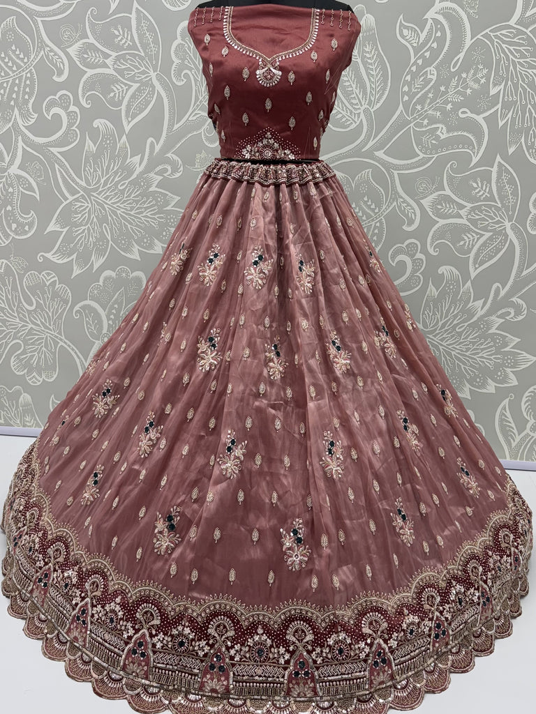 Grand Dusty Mauve Hand Embroidered Silk Wedding Wear Lehenga Choli