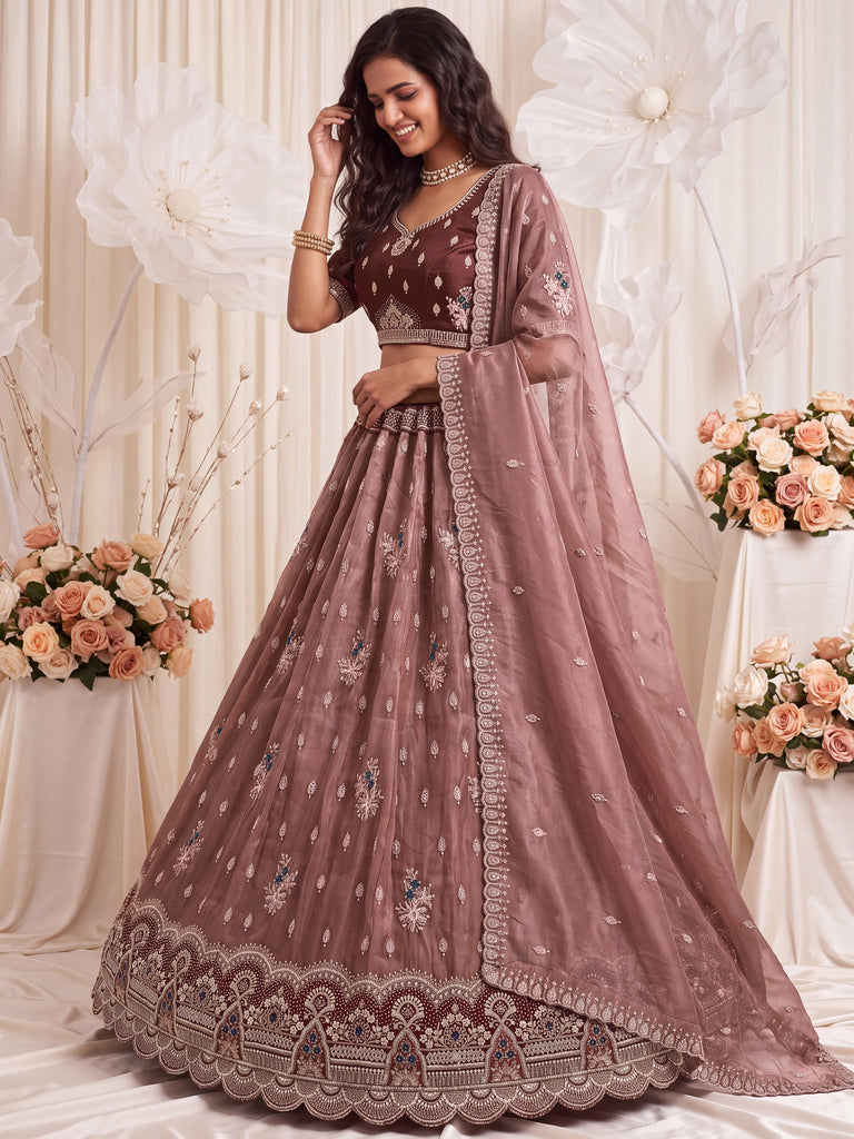 Grand Dusty Mauve Hand Embroidered Silk Wedding Wear Lehenga Choli