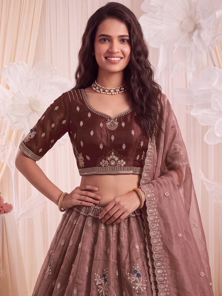 Grand Dusty Mauve Hand Embroidered Silk Wedding Wear Lehenga Choli