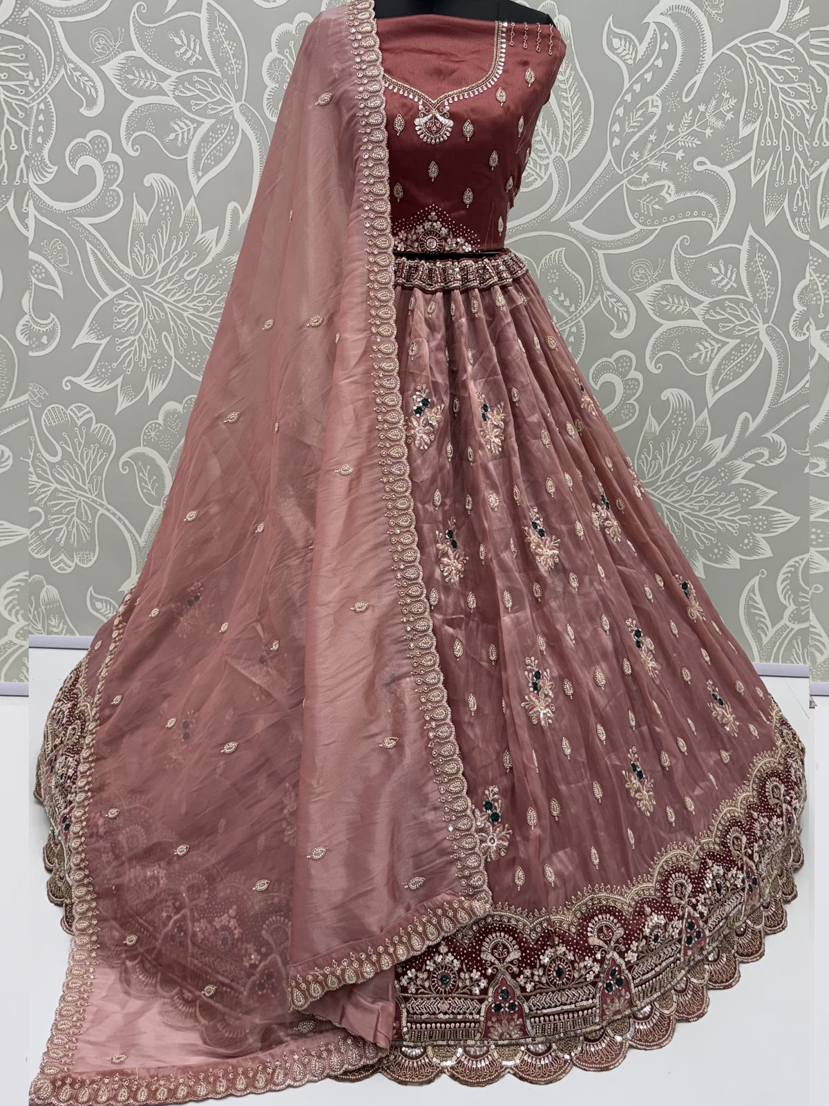 Grand Dusty Mauve Hand Embroidered Silk Wedding Wear Lehenga Choli