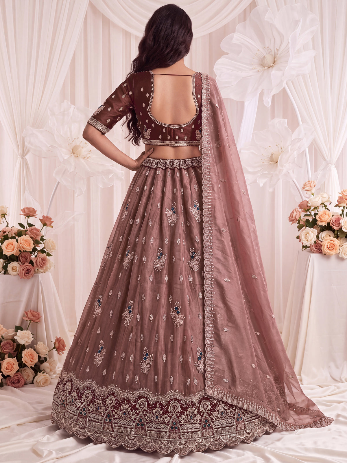Grand Dusty Mauve Hand Embroidered Silk Wedding Wear Lehenga Choli