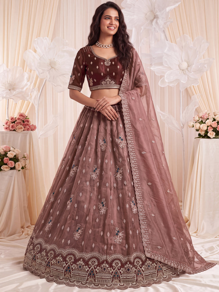 Grand Dusty Mauve Hand Embroidered Silk Wedding Wear Lehenga Choli
