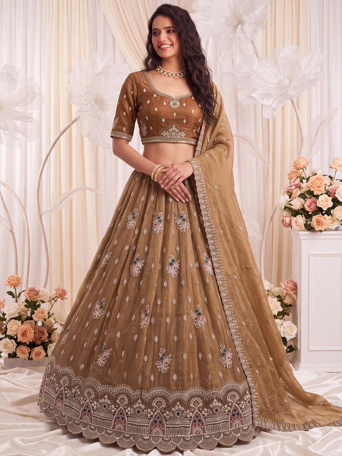 Mesmerizing Brown Bead Work Silk Reception Wear Lehenga With Blouse