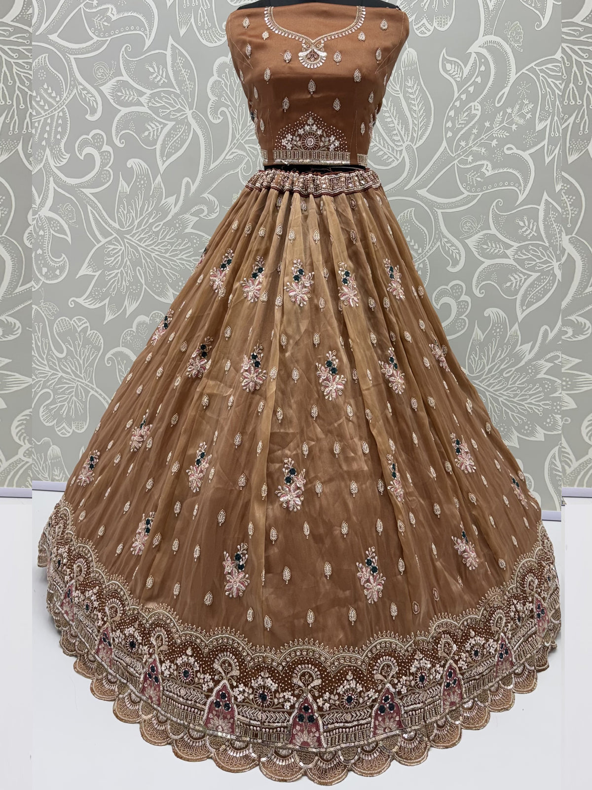 Mesmerizing Brown Bead Work Silk Reception Wear Lehenga With Blouse