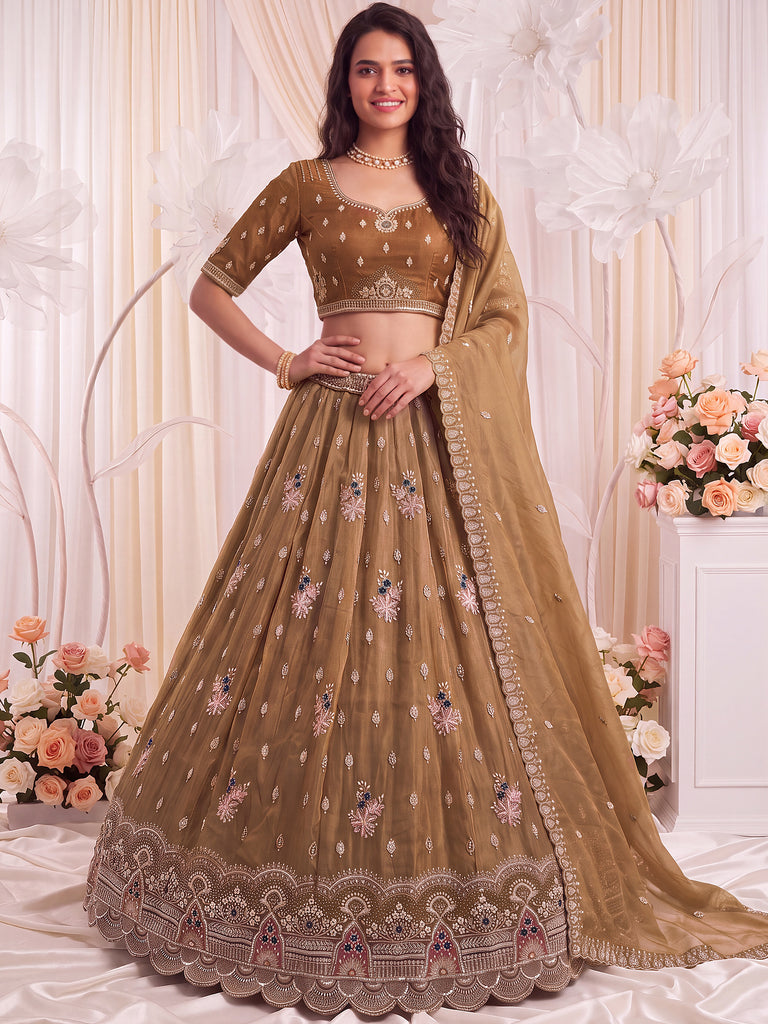Mesmerizing Brown Bead Work Silk Reception Wear Lehenga With Blouse