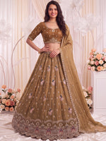 Mesmerizing Brown Bead Work Silk Reception Wear Lehenga With Blouse