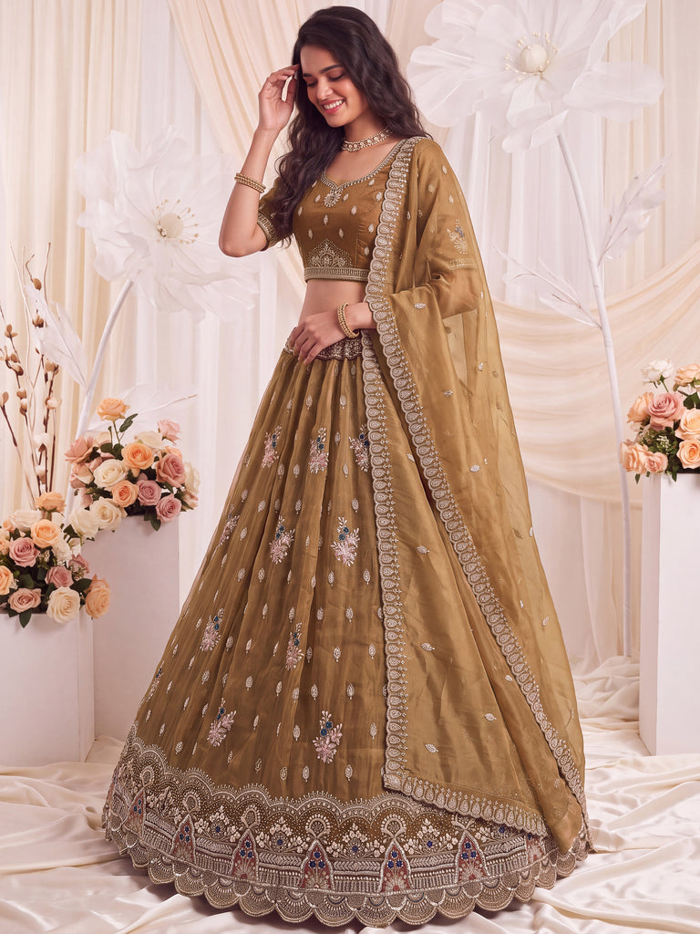 Mesmerizing Brown Bead Work Silk Reception Wear Lehenga With Blouse