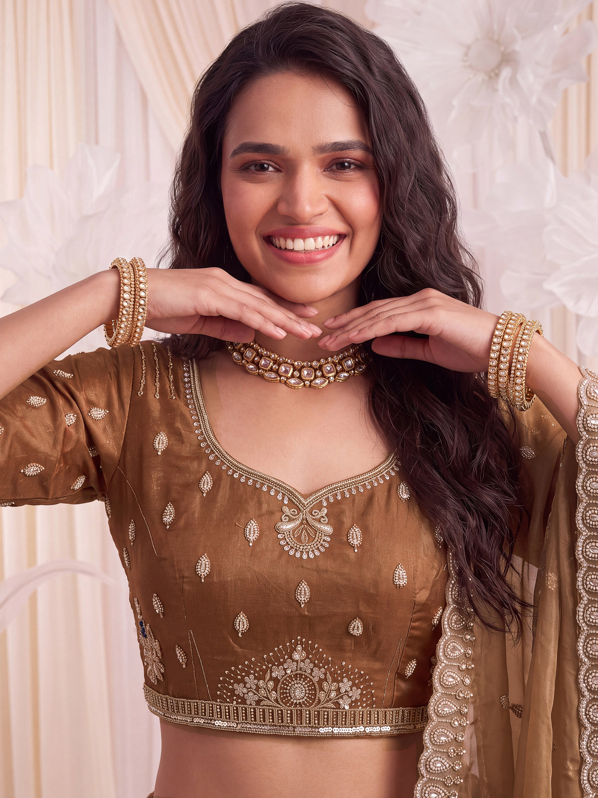 Mesmerizing Brown Bead Work Silk Reception Wear Lehenga With Blouse