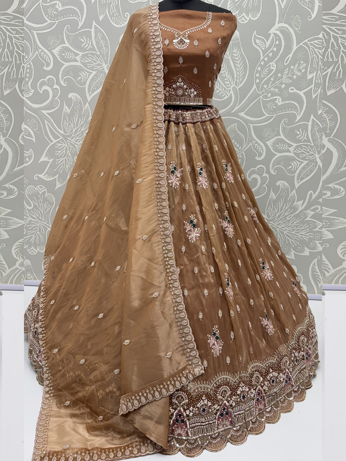 Mesmerizing Brown Bead Work Silk Reception Wear Lehenga With Blouse