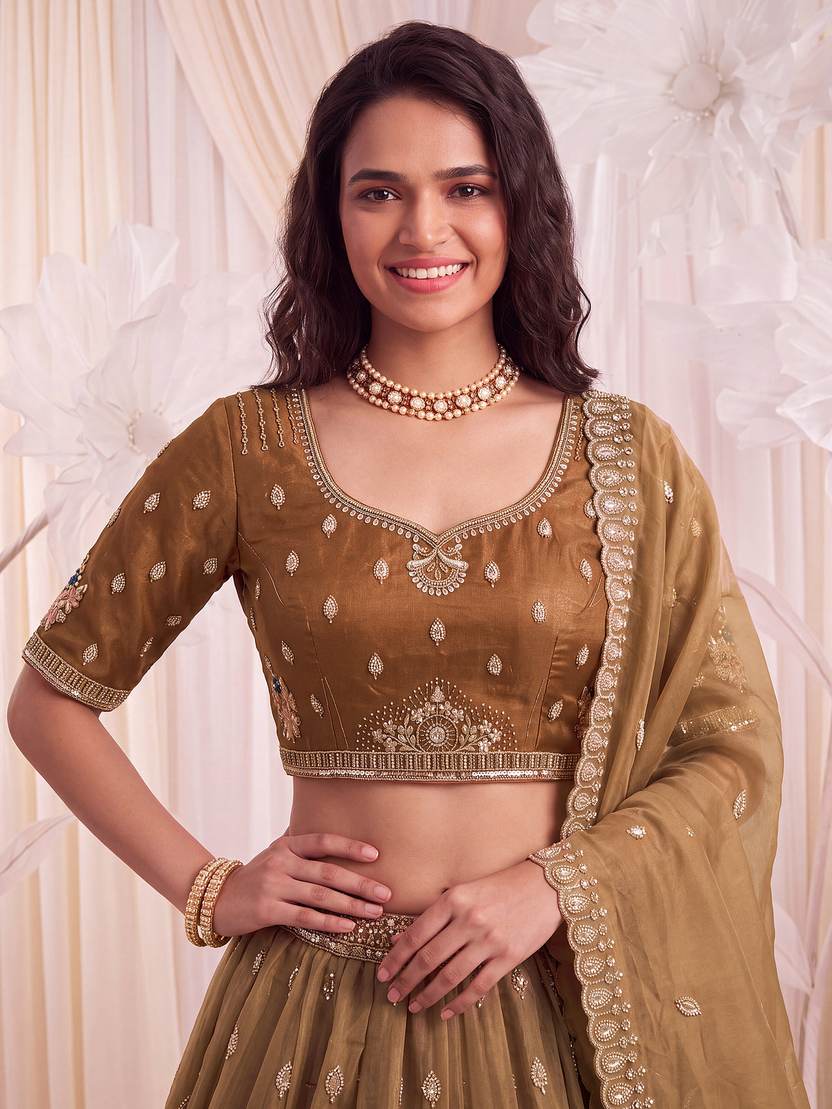 Mesmerizing Brown Bead Work Silk Reception Wear Lehenga With Blouse