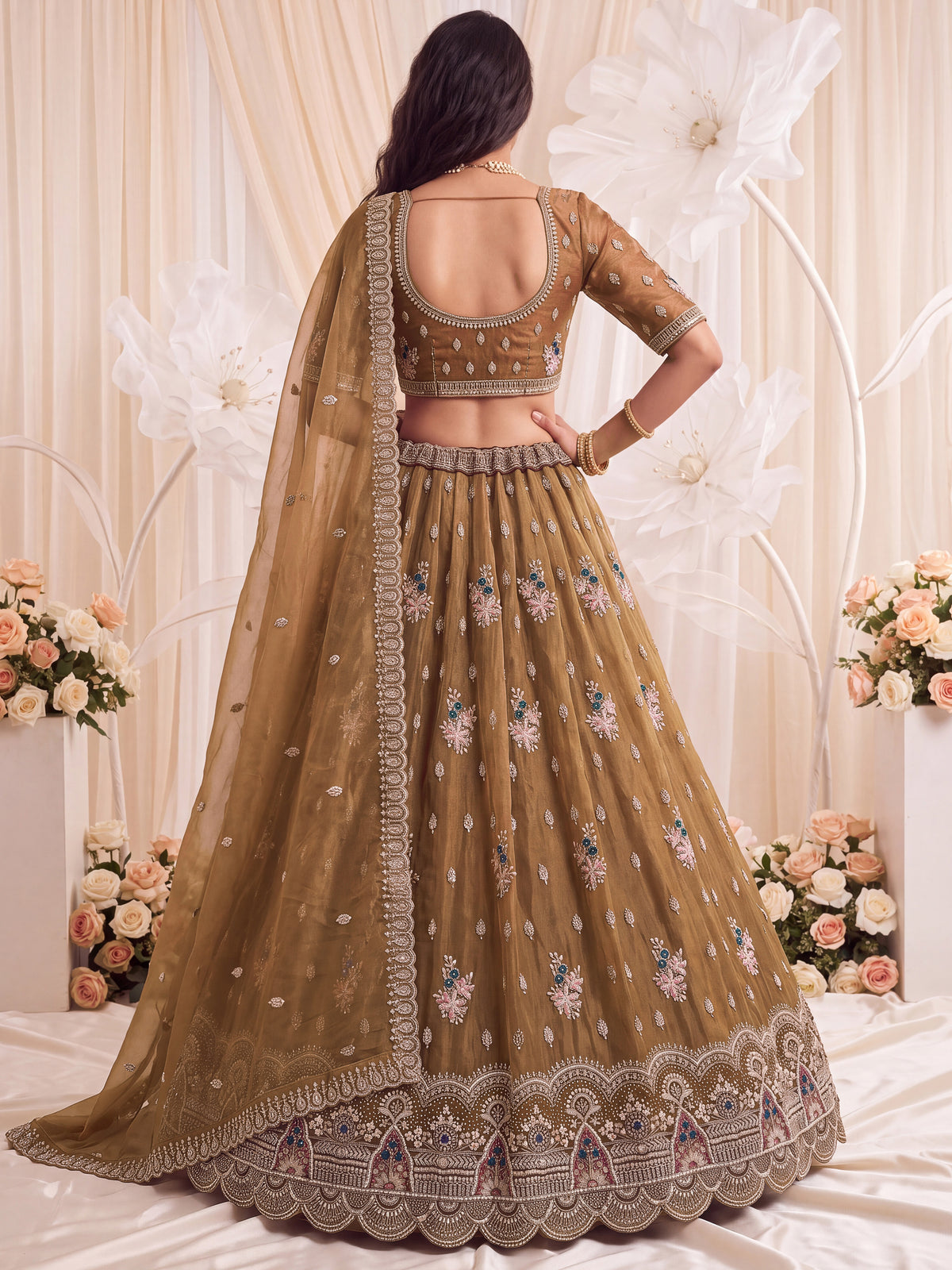 Mesmerizing Brown Bead Work Silk Reception Wear Lehenga With Blouse
