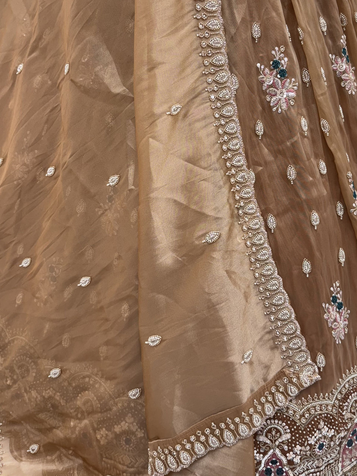 Mesmerizing Brown Bead Work Silk Reception Wear Lehenga With Blouse