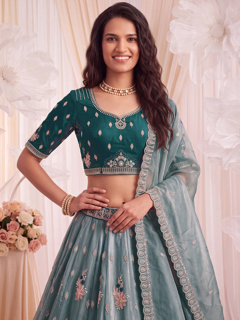 Luxurious Teal Blue Sequins Silk Sangeet Wear Lehenga Choli With Dupatta