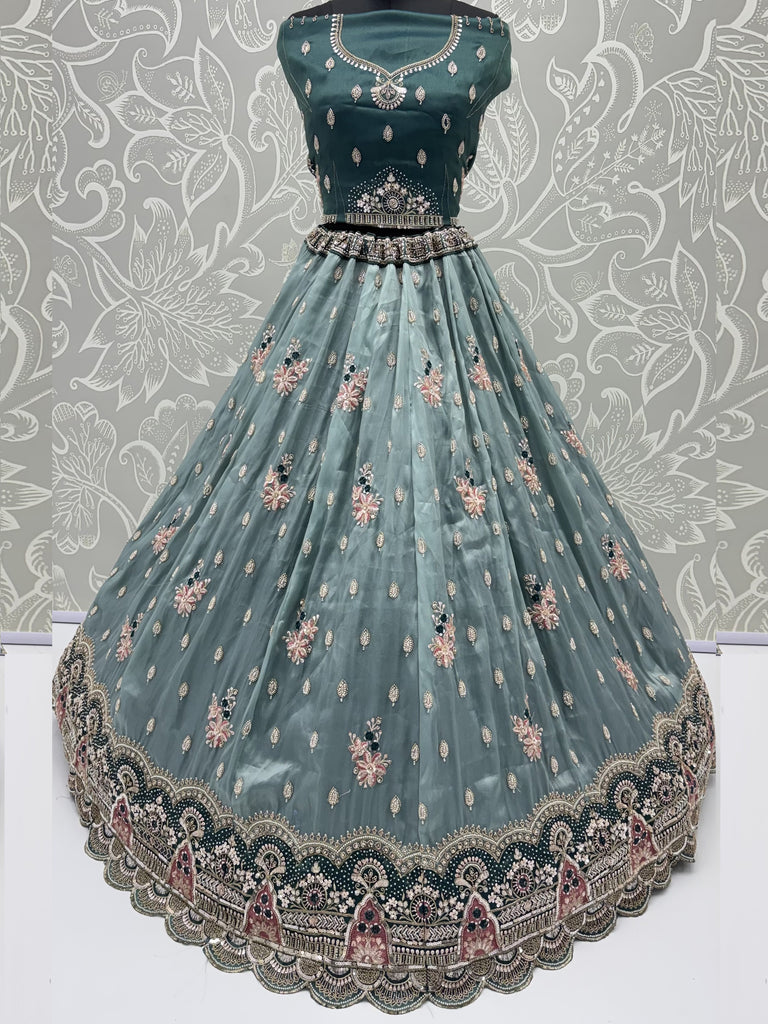 Luxurious Teal Blue Sequins Silk Sangeet Wear Lehenga Choli With Dupatta