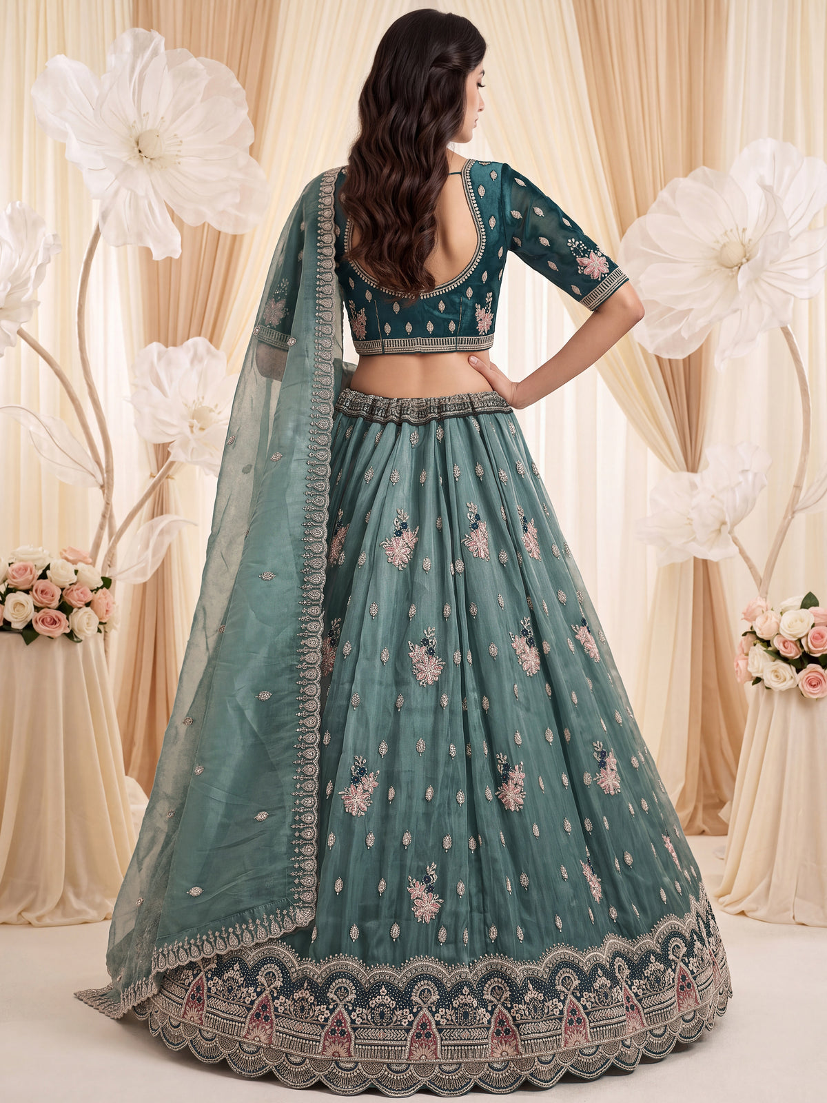 Luxurious Teal Blue Sequins Silk Sangeet Wear Lehenga Choli With Dupatta