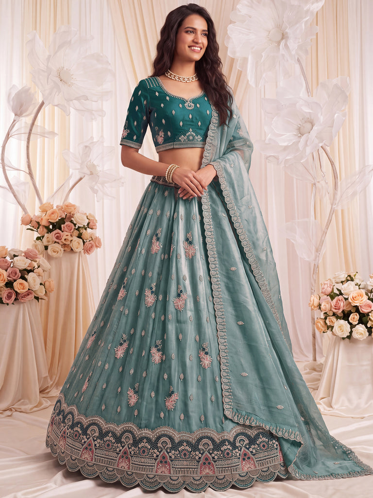 Luxurious Teal Blue Sequins Silk Sangeet Wear Lehenga Choli With Dupatta