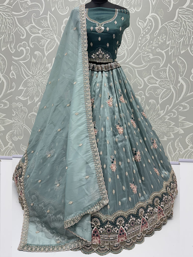 Luxurious Teal Blue Sequins Silk Sangeet Wear Lehenga Choli With Dupatta