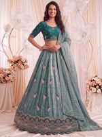 Luxurious Teal Blue Sequins Silk Sangeet Wear Lehenga Choli With Dupatta
