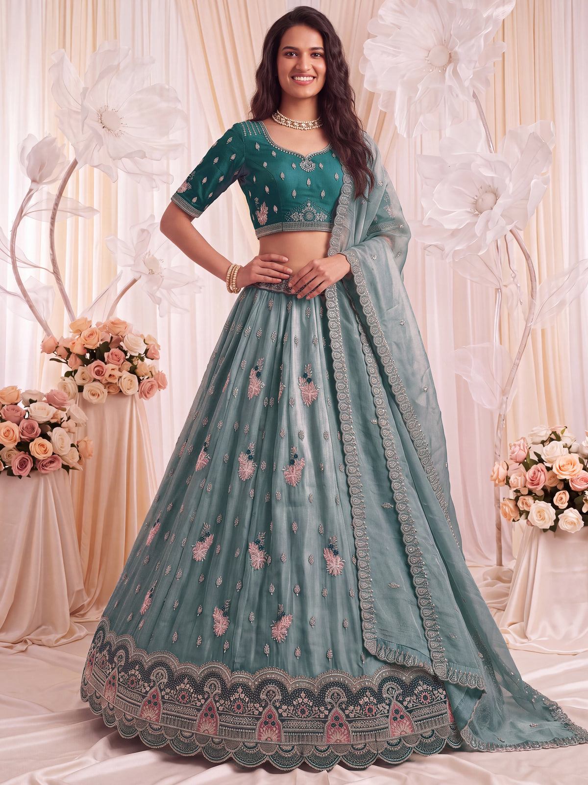 Luxurious Teal Blue Sequins Silk Sangeet Wear Lehenga Choli With Dupatta