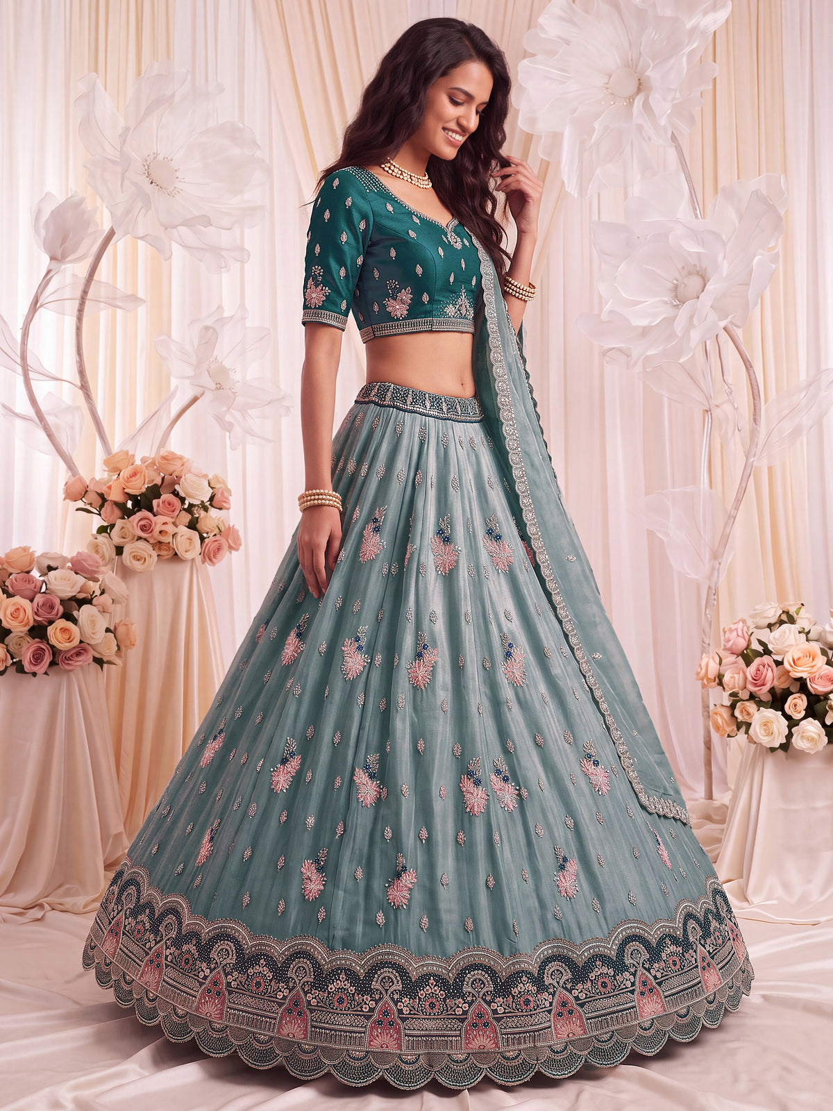 Luxurious Teal Blue Sequins Silk Sangeet Wear Lehenga Choli With Dupatta