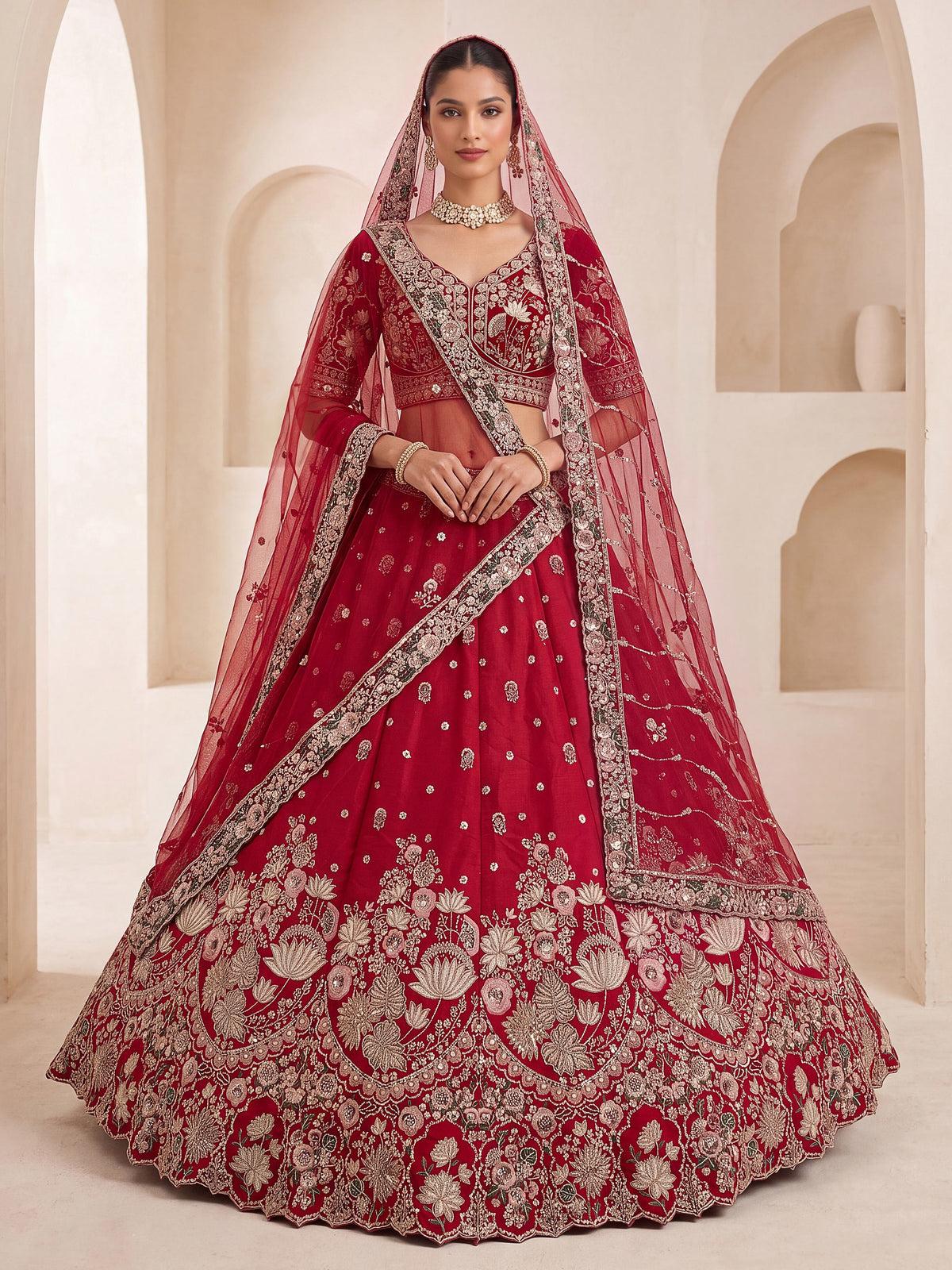 Royal Red Bead Work Silk Bridal Wear Lehenga Choli With Double Dupatta