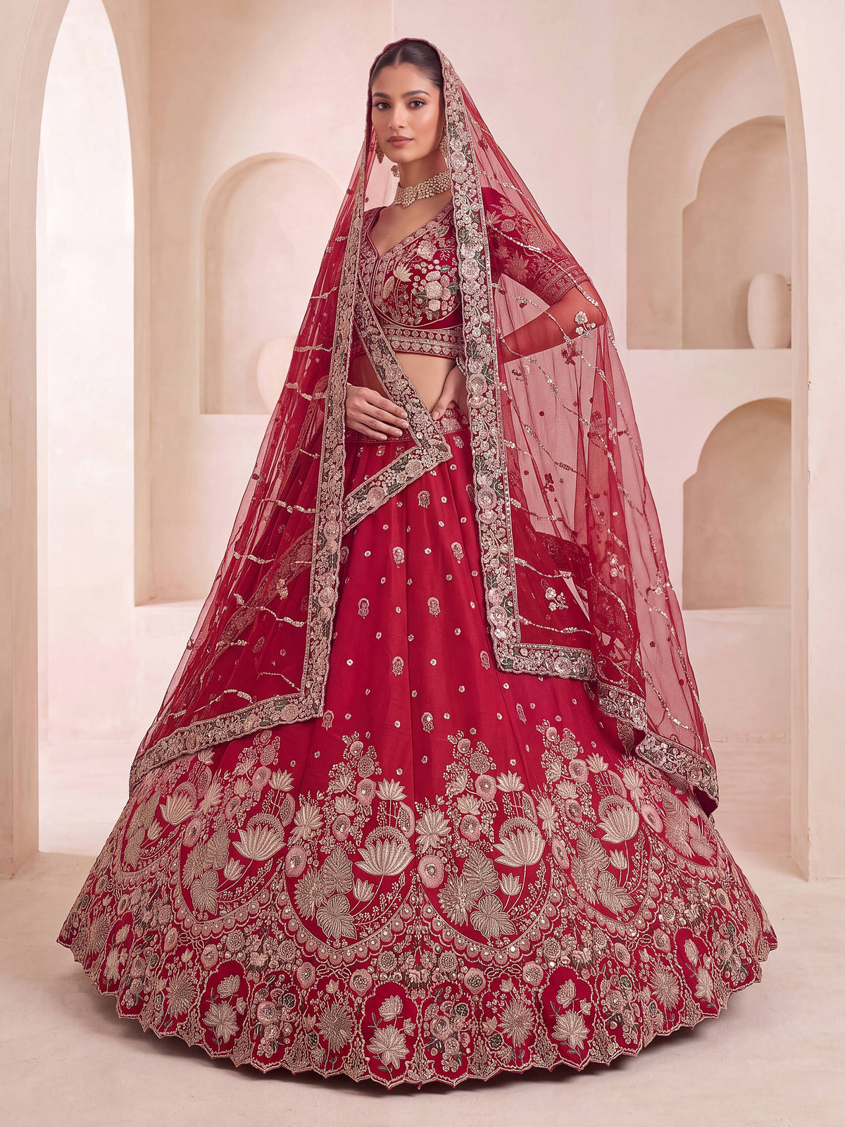 Royal Red Bead Work Silk Bridal Wear Lehenga Choli With Double Dupatta
