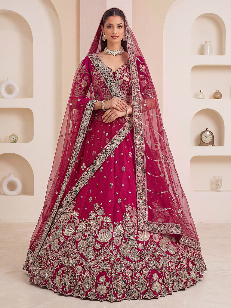 Appealing Pink Embroidered Bridal Wear Lehenga Choli With Double Dupatta
