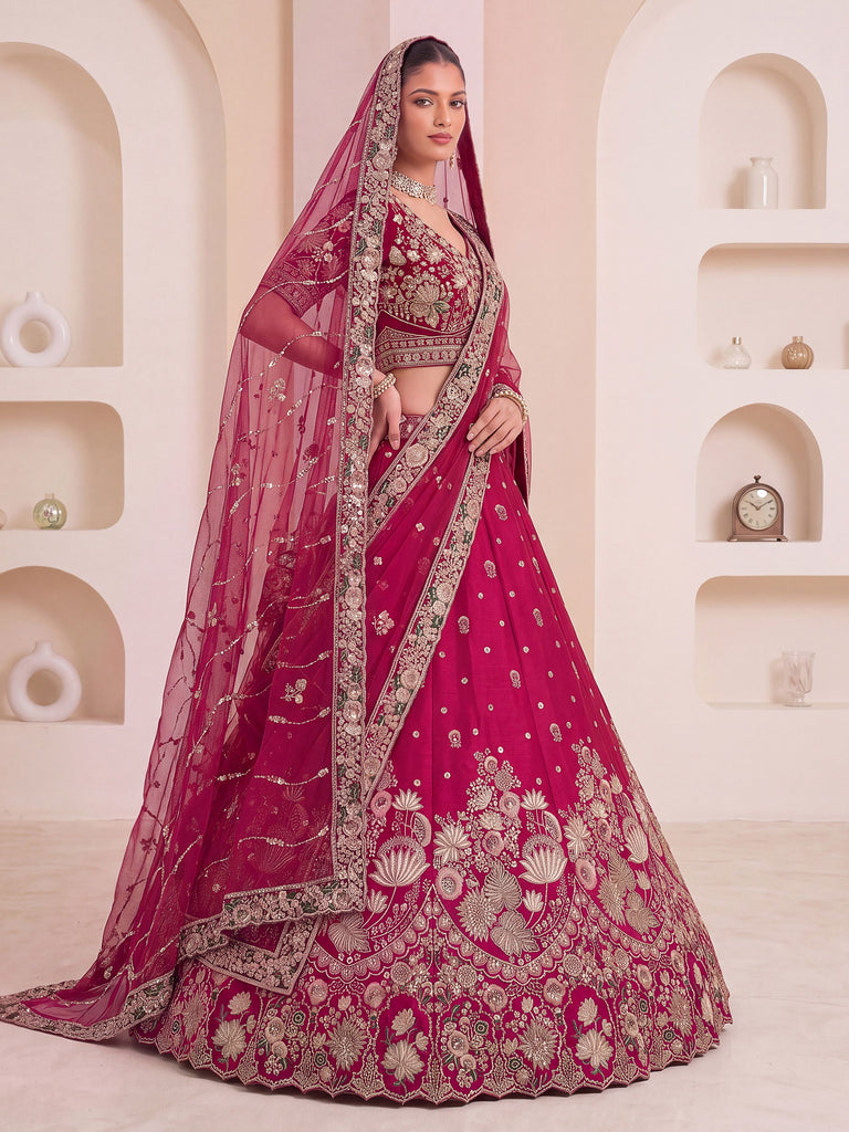 Appealing Pink Embroidered Bridal Wear Lehenga Choli With Double Dupatta