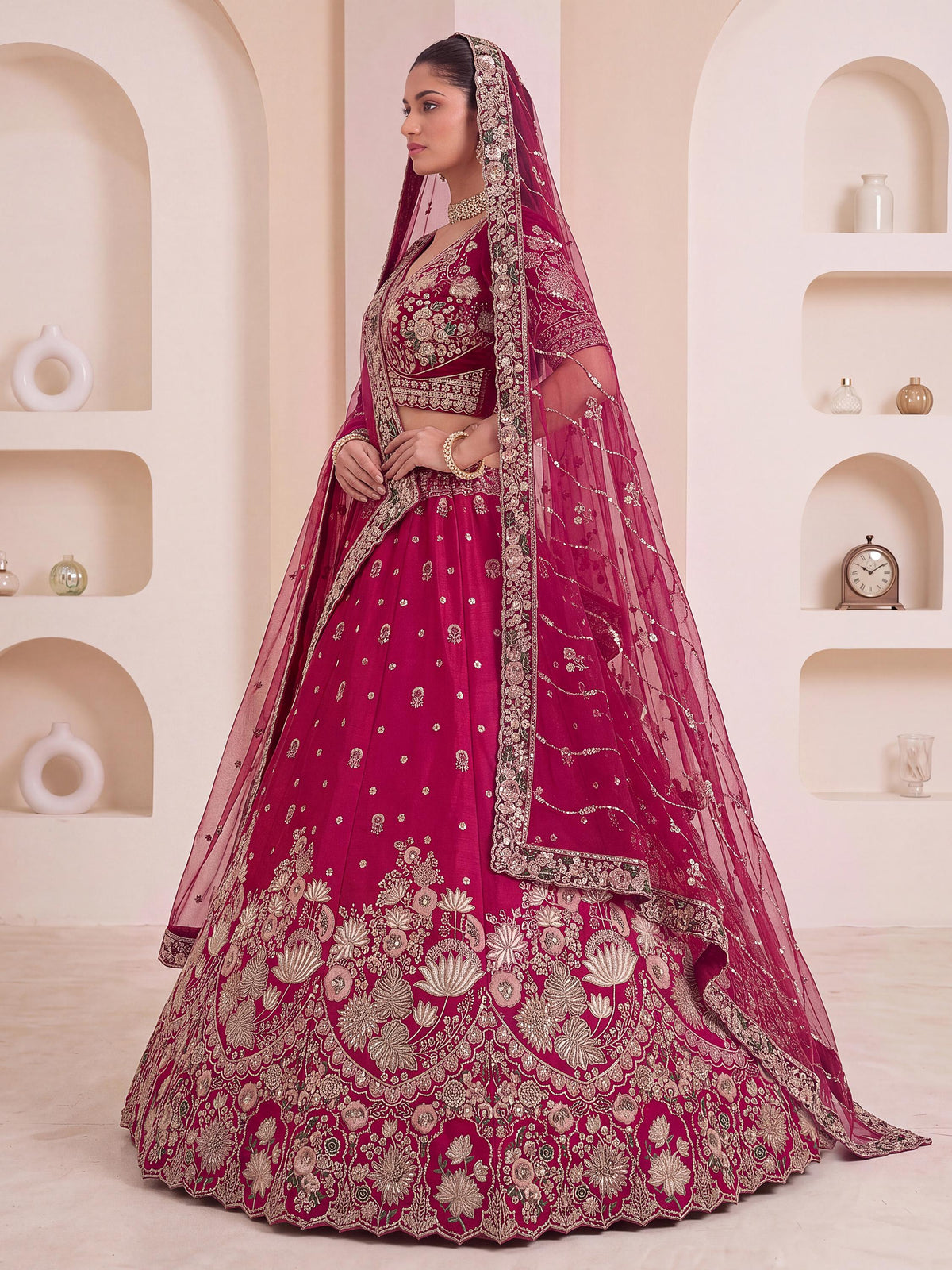 Appealing Pink Embroidered Bridal Wear Lehenga Choli With Double Dupatta