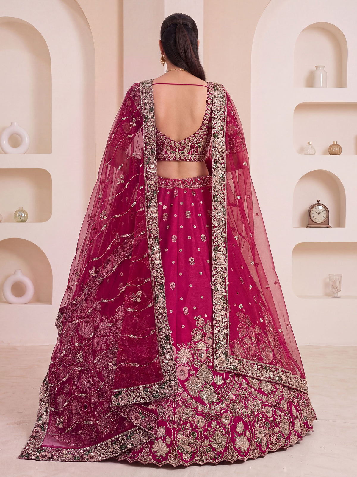 Appealing Pink Embroidered Bridal Wear Lehenga Choli With Double Dupatta