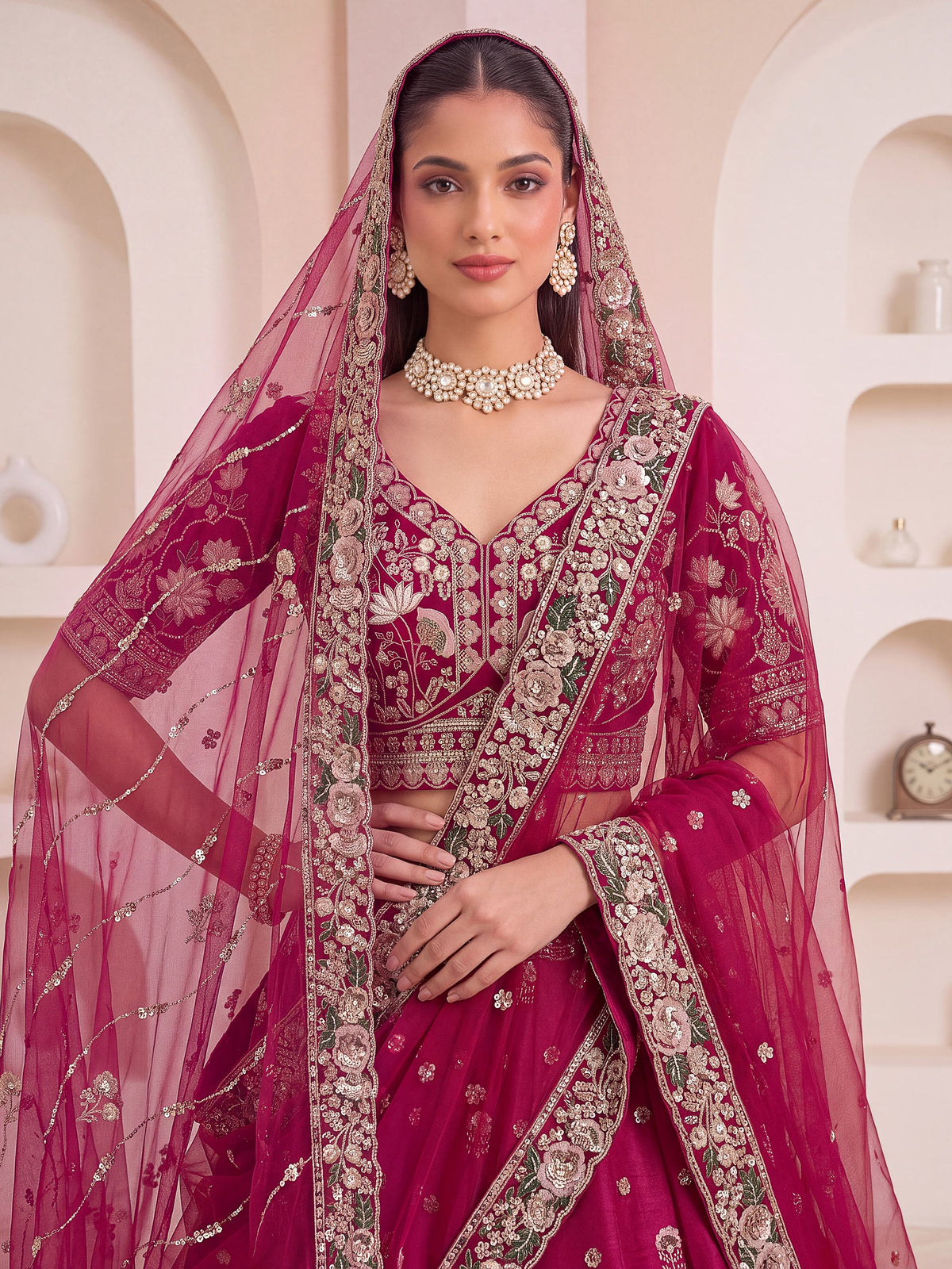 Appealing Pink Embroidered Bridal Wear Lehenga Choli With Double Dupatta