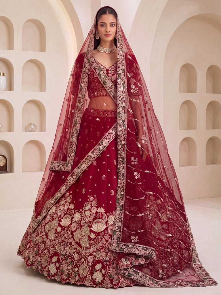 Ravishing Maroon Sequins Silk Bridal Lehenga Choli With Double Dupatta