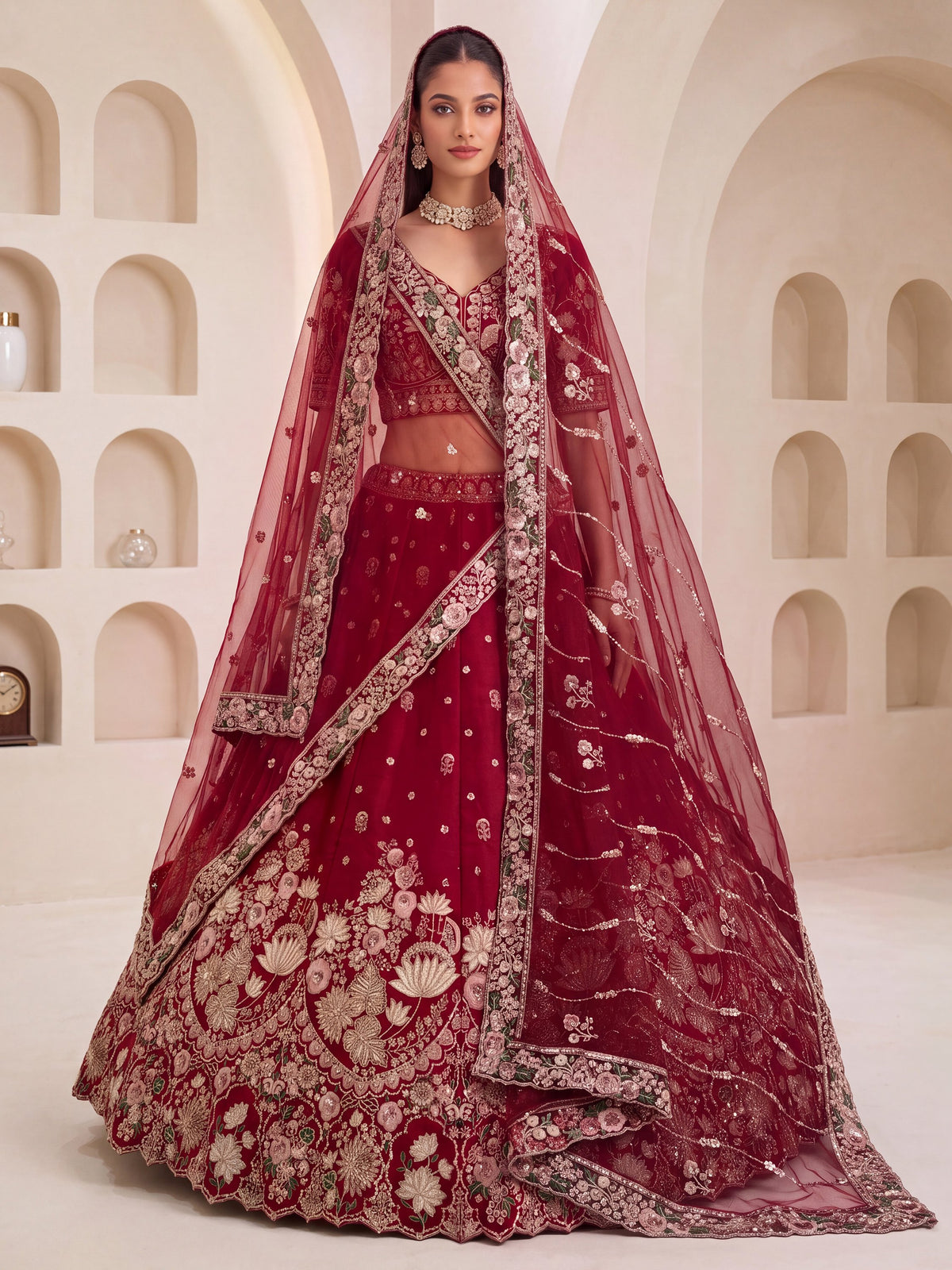 Ravishing Maroon Sequins Silk Bridal Lehenga Choli With Double Dupatta