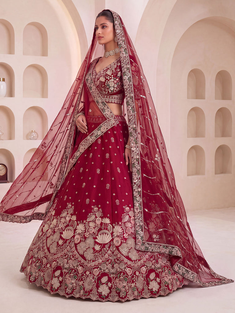 Ravishing Maroon Sequins Silk Bridal Lehenga Choli With Double Dupatta