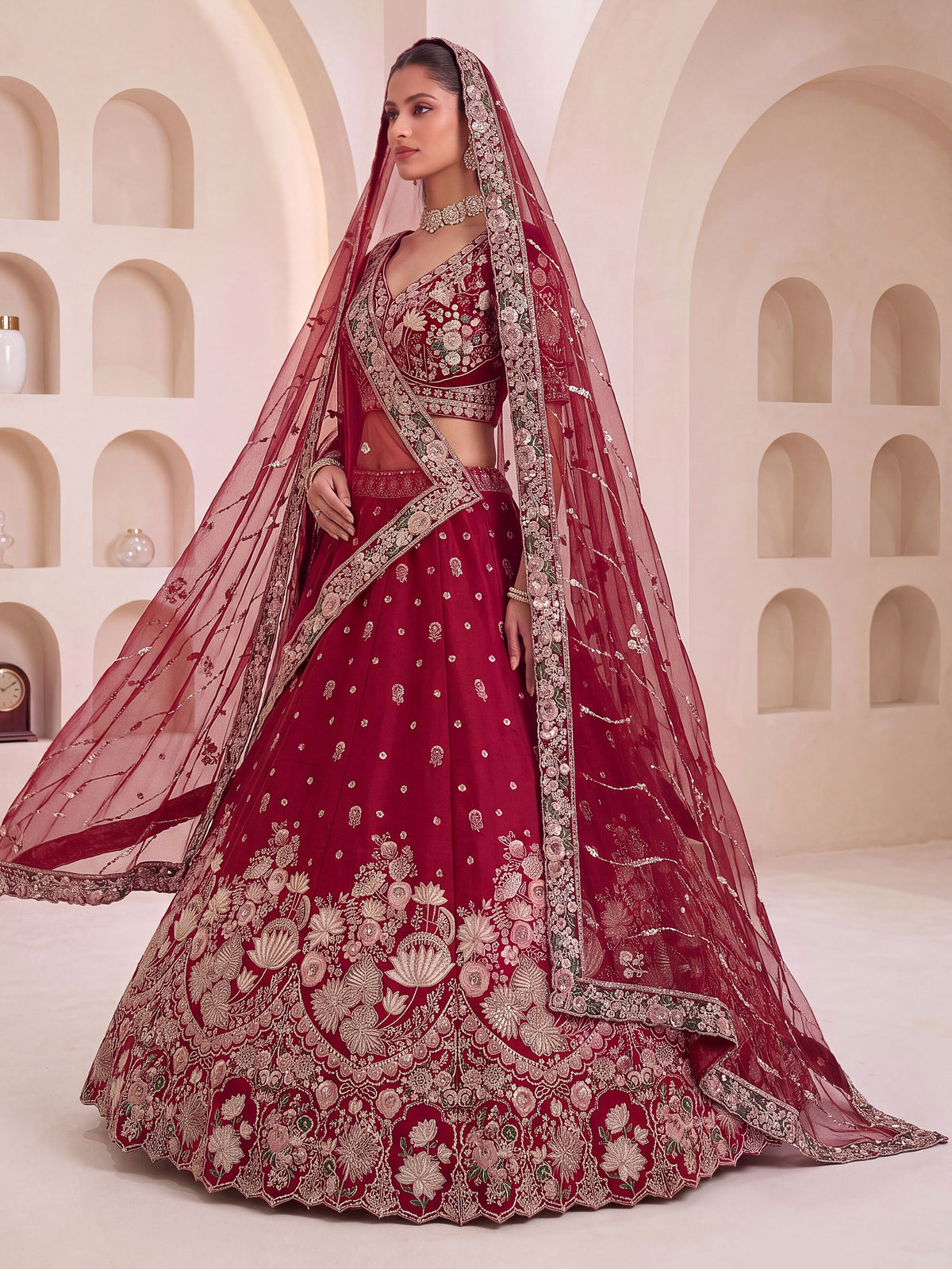 Ravishing Maroon Sequins Silk Bridal Lehenga Choli With Double Dupatta