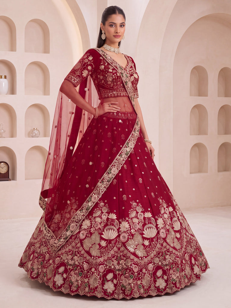 Ravishing Maroon Sequins Silk Bridal Lehenga Choli With Double Dupatta