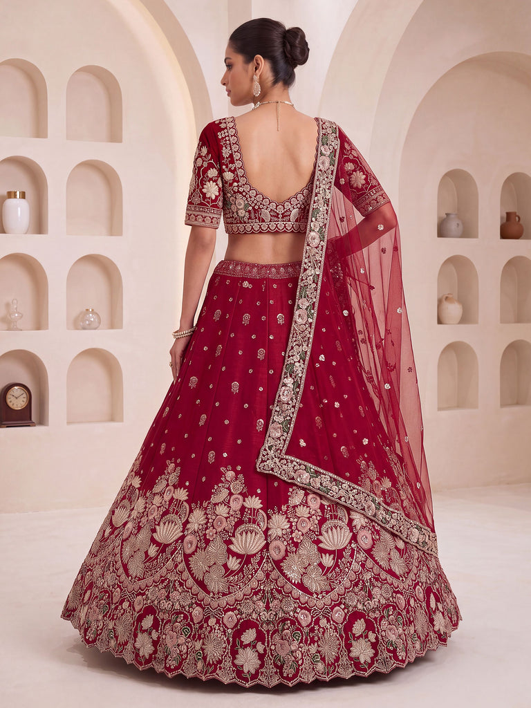Ravishing Maroon Sequins Silk Bridal Lehenga Choli With Double Dupatta